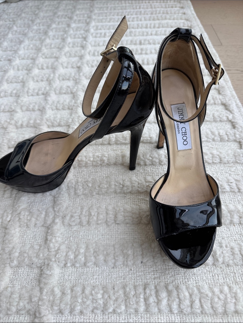 JIMMY CHOO Black Patent Leather Ankle-Strap Platform Heels